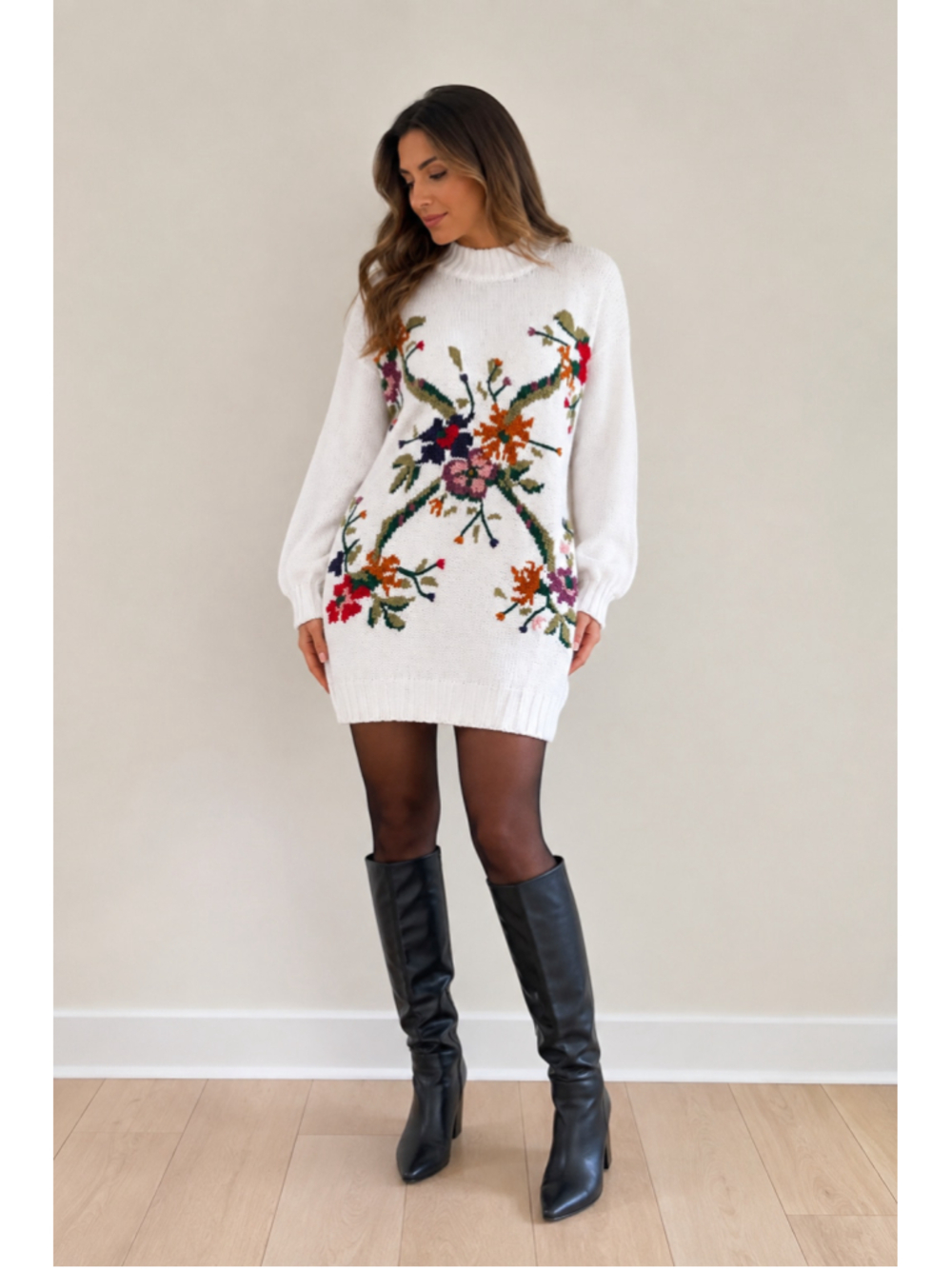 Vintage Embroidered Kofi Wear Floral Turtleneck Sweater Dress White Knit Size S